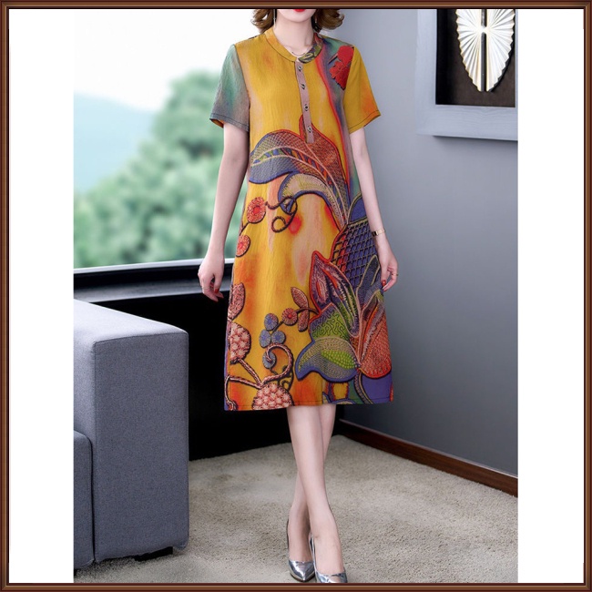 Đầm Midi Tay Ngắn Cổ Chữ V Dáng Rộng In Họa Tiết Độc Đáo Thời Trang Mùa Hè Cho Nữ