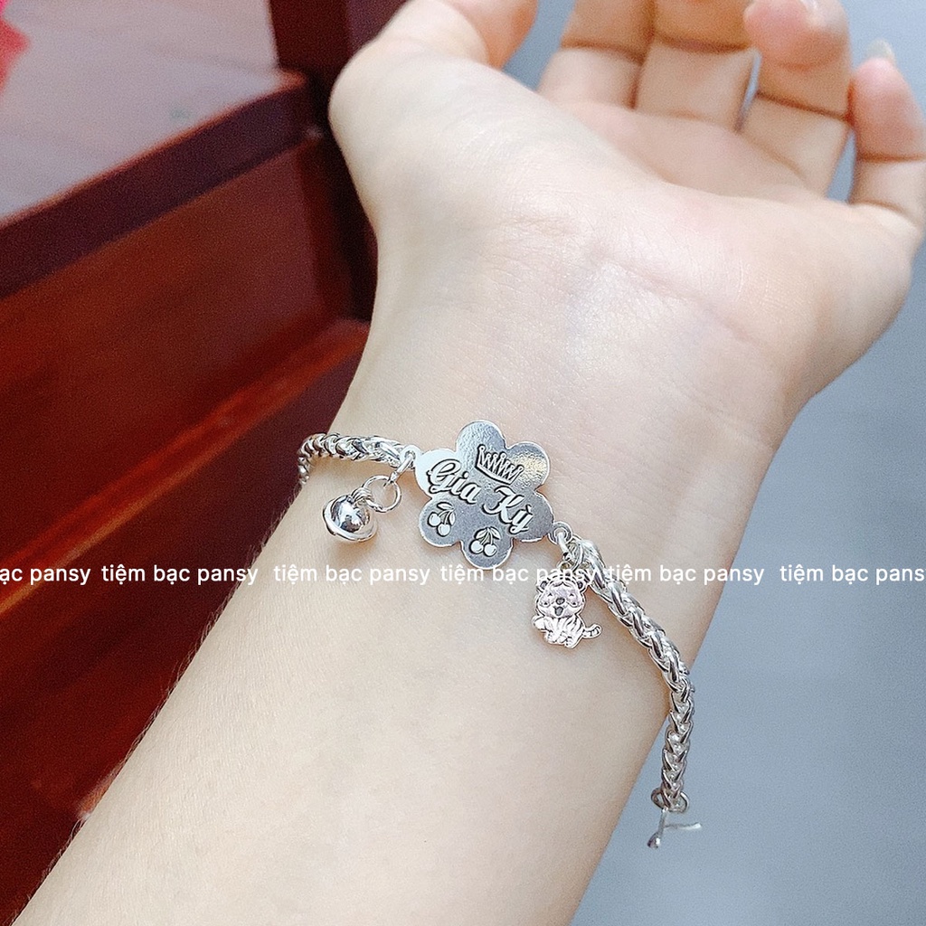 Vòng lắc bạc ta khắc tên cho bé hình bông hoa dễ thương - Lắc bạc trẻ em PANSY cao cấp