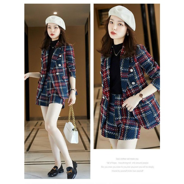 Hàng nhập - Set bộ vest nữ short dạ tweet kẻ caro, sét đồ thời trang quần áo blazer ngắn sang trọng
