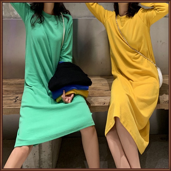 Đầm Midi Chữ A Tay Dài Cổ Tròn Màu Trơn Thời Trang Dành Cho Nữ