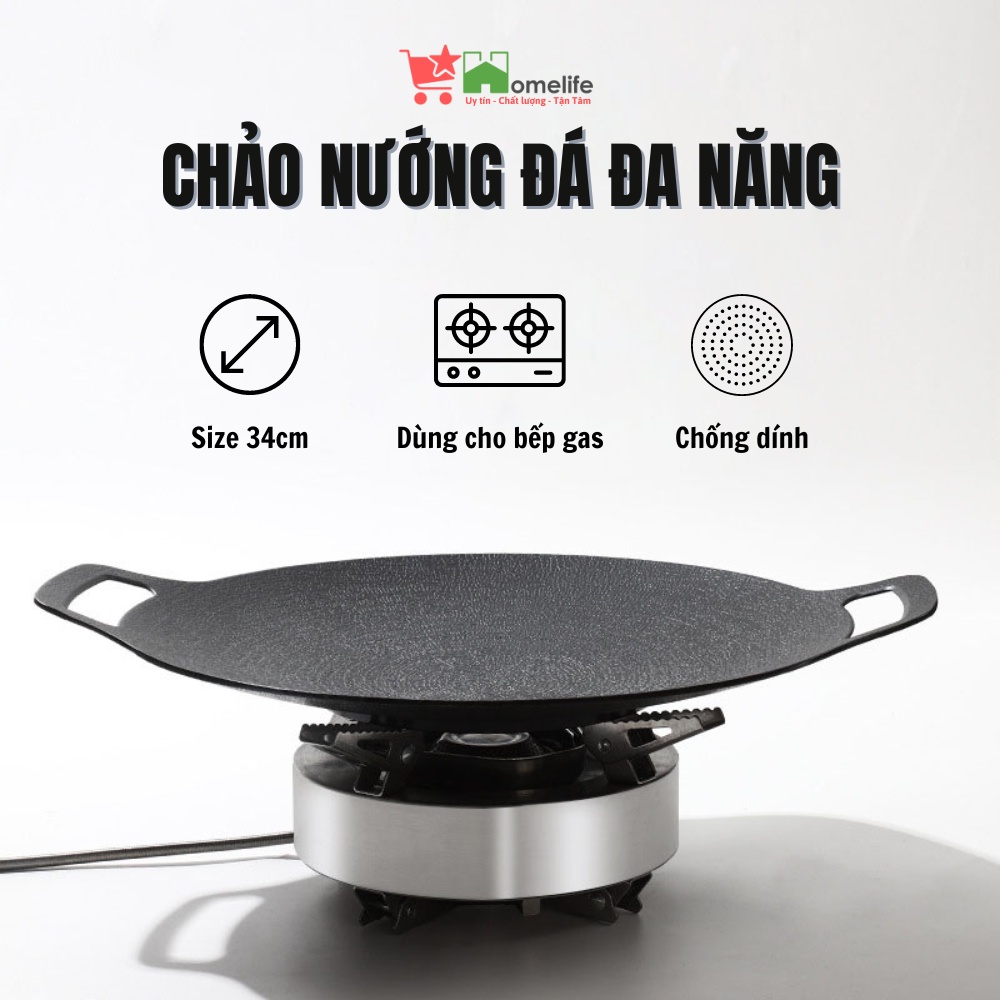 Chảo Đá Nướng Thịt Kiểu Hàn Quốc, Vỉ Nướng BBQ Chống Dính Không Cần Dầu Size 34cm Hàng Chính Hãng