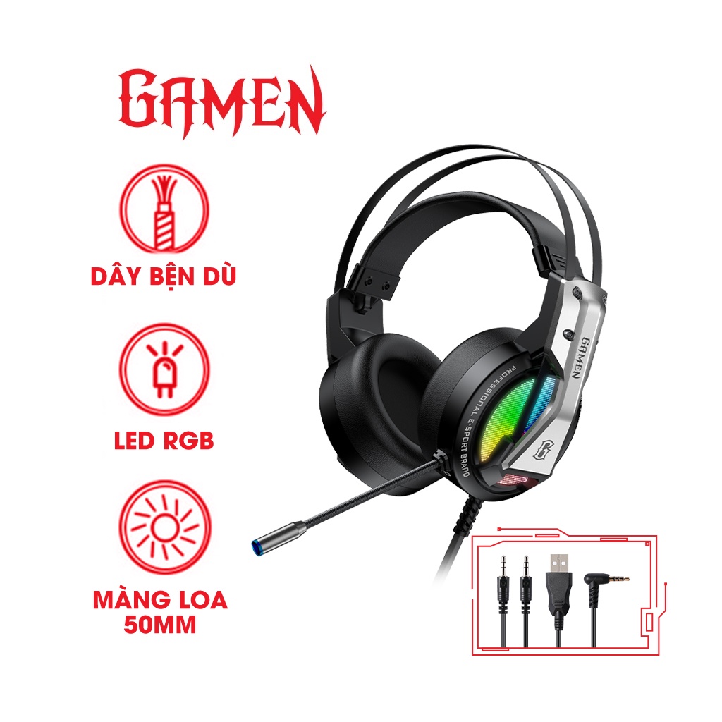 Tai nghe Gamen GH1500 headphone kiếu dáng gaming Led RGB over ear microphone cách âm hiệu quả