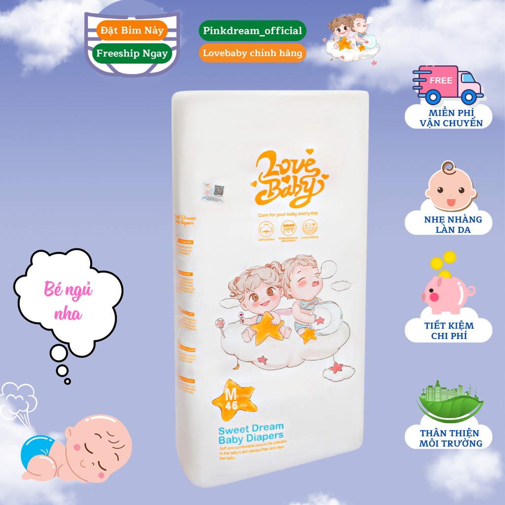 Tã bỉm dán size M 46 miếng hữu cơ PinkDream lovebaby thoáng mát chống hăm siêu thấm hút cho bé từ 6-11kg
