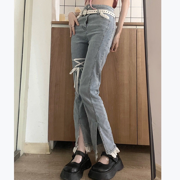 Jiashucheng Quần Jean Ống Rộng Xẻ Tà Phối Ren Phong Cách Hàn Quốc Ngọt Ngào Thời Trang Mùa Thu Mới Cho Phụ Nữ Tuổi Trung Niên