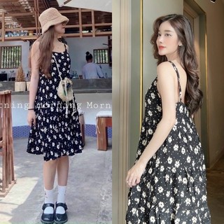 Đầm váy lụa đen hoa cúc 2 dây đơn giản dễ thương, thời trang nữ teen đi chơi dạo phố du lịch