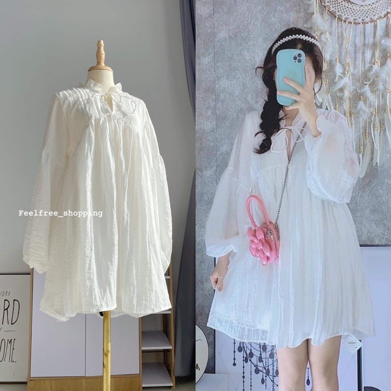 Đầm Váy Babydoll Trắng Feelfree Tay Dài Phồng 2 Lớp Cổ Thắt Nơ Dáng Ngắn Công Chúa D086 (Ảnh, clip thật