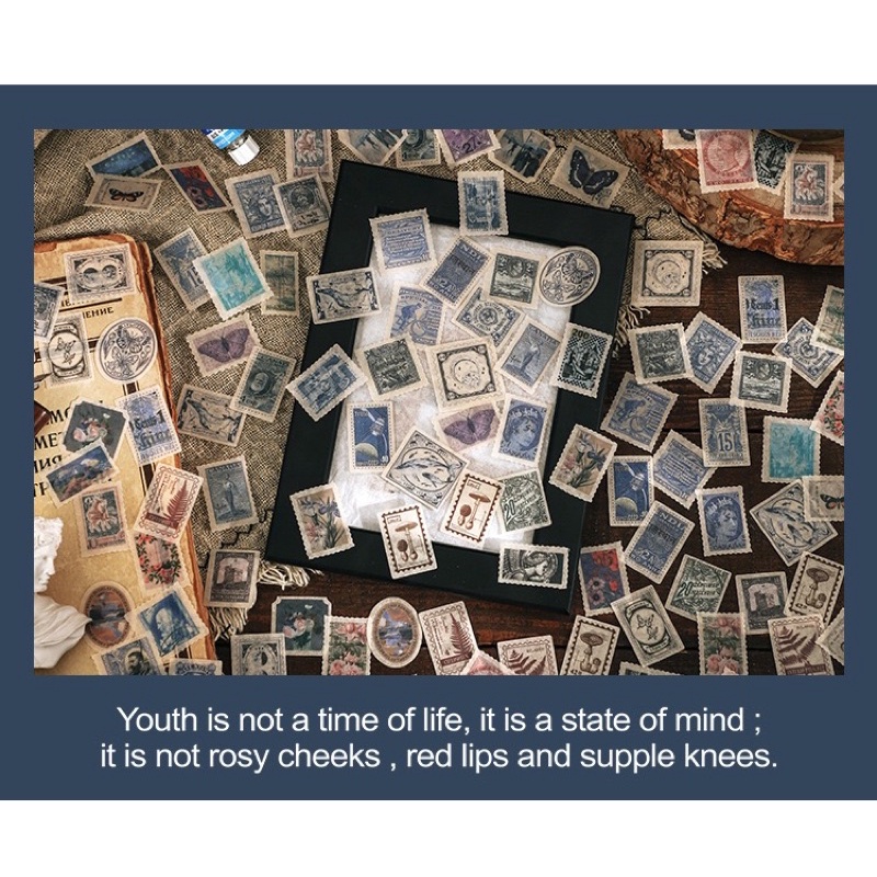 Set 100 sticker nhãn dán washi mini hình tem vintage cổ điển trang trí sổ bullet journal