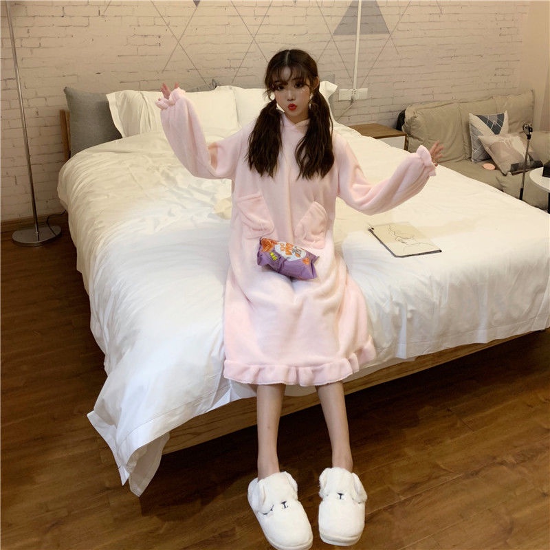 Hàng Có Sẵn Đầm Ngủ Dài Vừa Phải Bằng Vải Flannel Phong Cách Hàn Quốc Ngọt Ngào Dễ Thương Giữ Ấm Mùa Thu Đông