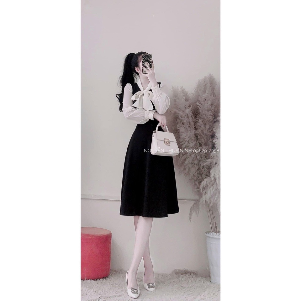 Đầm Xòe Tay Dài Phối Bèo Nơ Cổ