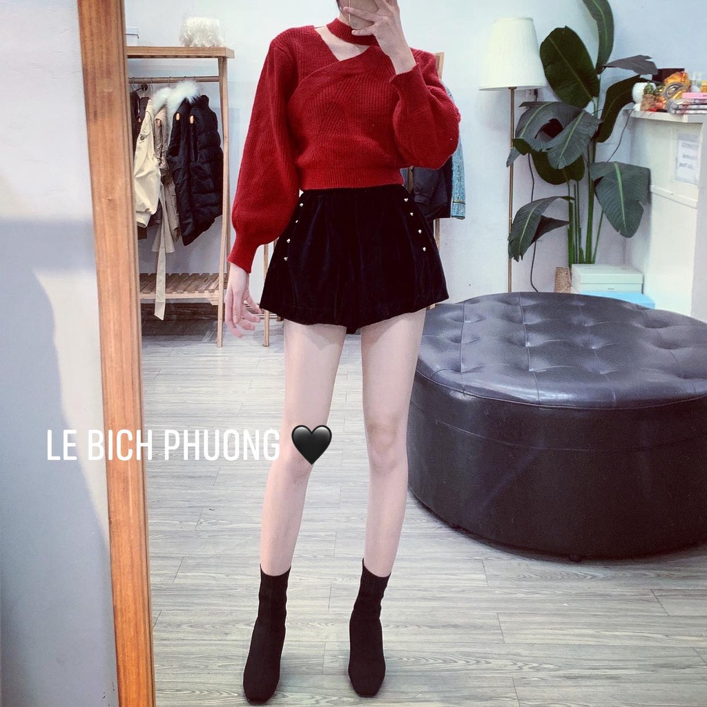 Áo len cổ choker hở vai hàng quảng châu siêu đẹp - Áo len tay bồng nữ