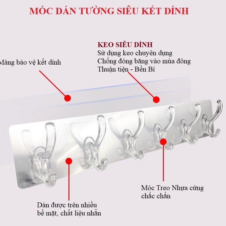 Thanh 6 Móc Dán Tường Phủ Bạc Chống Nước Siêu Dính, Chịu Lực Trên 10kg