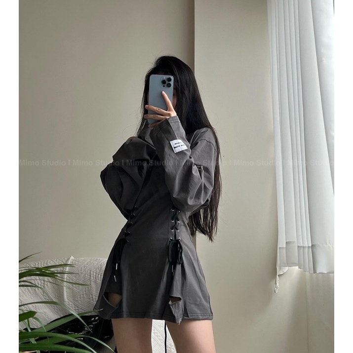 ĐẦM THUN XÁM DÀI TAY CỔ THUYỀN THẮT EO