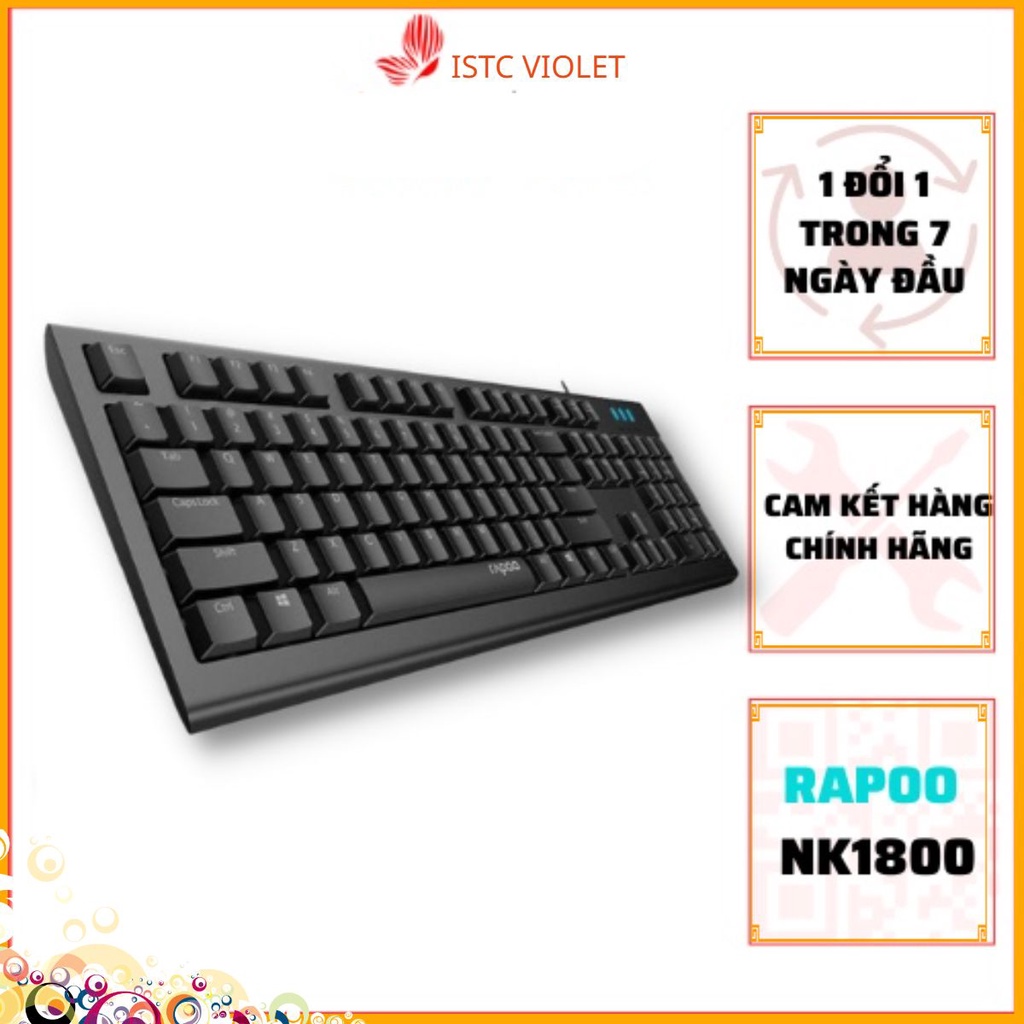 Bàn phím có dây RAPOO NK1800 USB thiết kế fullsize 104 phím ký tự được in bằng công nghệ laser giúp cho mặt chữ bền bỉ
