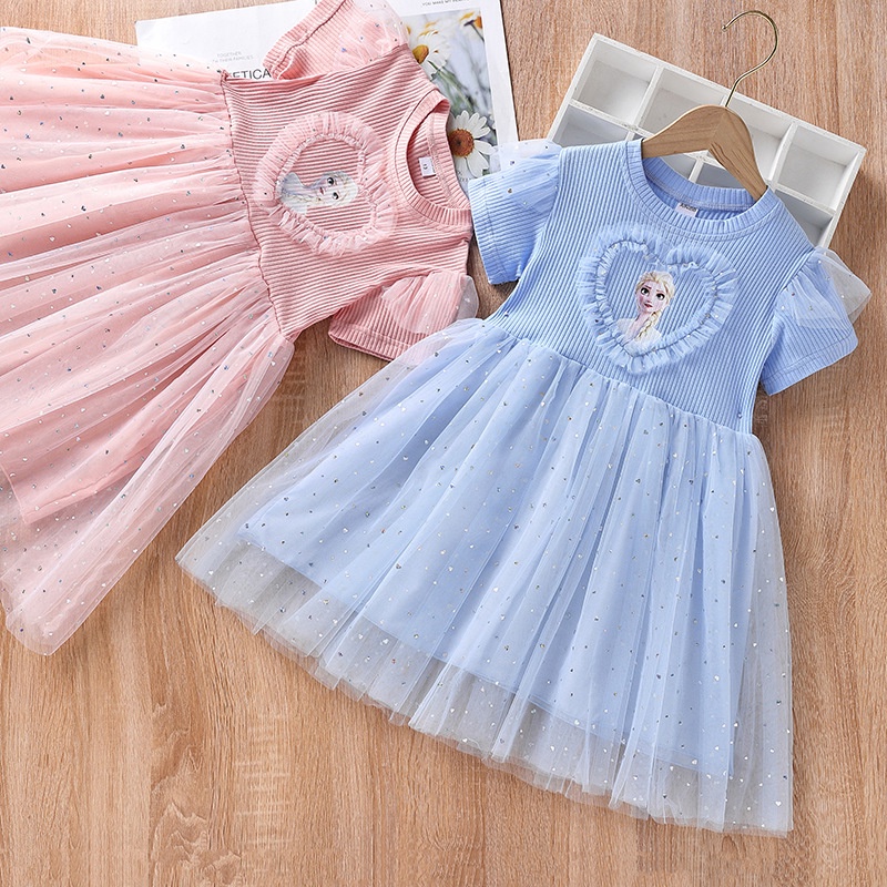 Váy bé gái Elsa, đầm công chúa disney lưới thun cotton thoáng mát cho bé mặc đi học dạo phố