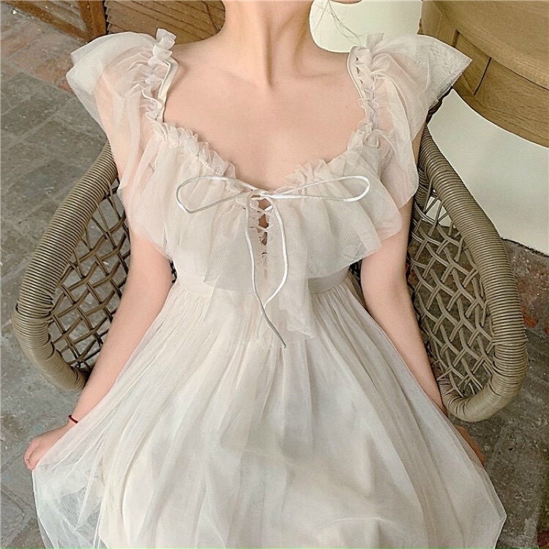 Đầm công chúa 2 dây trễ vai voan lưới 2 lớp siêu xinh (hàng y hình)