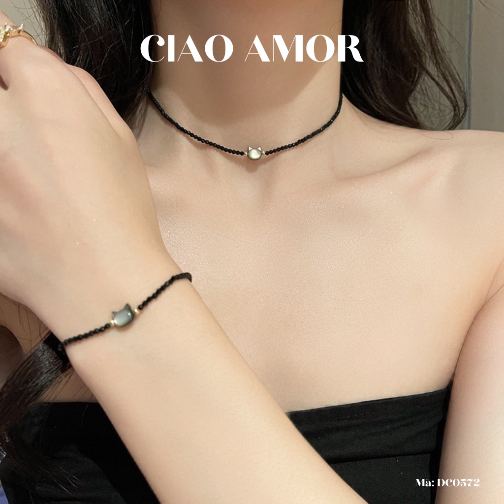 Set Vòng cổ choker, Dây chuyền và vòng tay đen mèo con Trang sức Ciao Amor - DC0572
