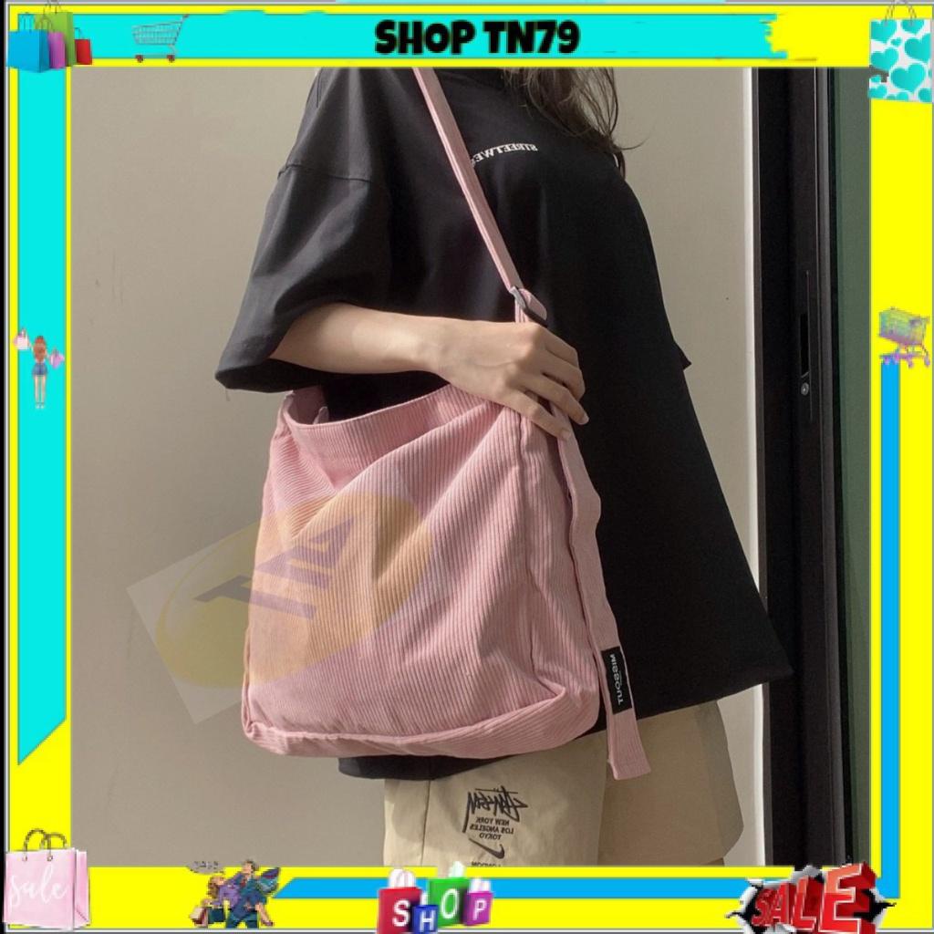 Túi tote đeo chéo đeo vai vải nhung trơn 2 màu hồng kem để laptop đi học đi chơi TX-05