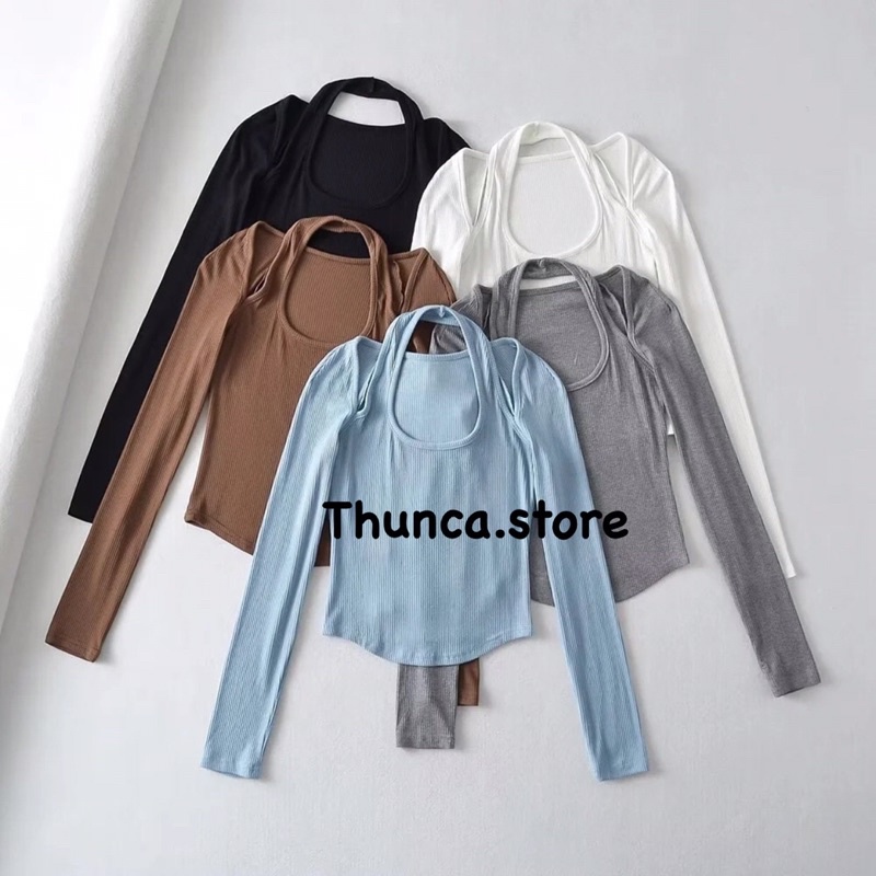 Áo croptop nữ tay dài hở vai Thunca.Store Áo croptop hở vai ôm body A2610