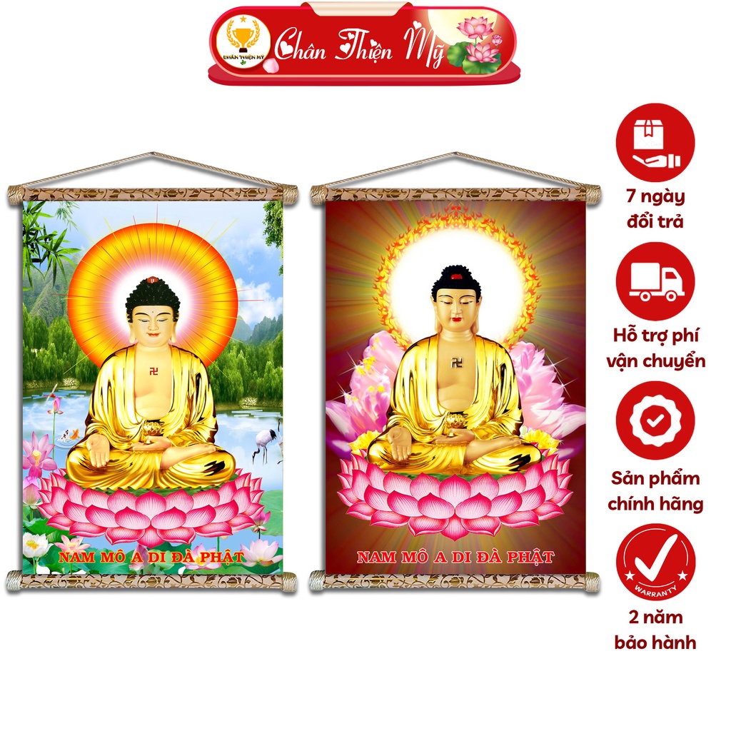 Tranh Phật Treo Tường CHÂN THIỆN MỸ, Tranh Vải Phủ Kim Sa 40x60cm, Tranh Phật A Di Đà Ngồi CADĐPN-01