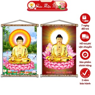 Tranh phật treo tường chân thiện mỹ, tranh vải phủ kim sa 40x60cm, tranh phật a di đà ngồi cadđpn-01