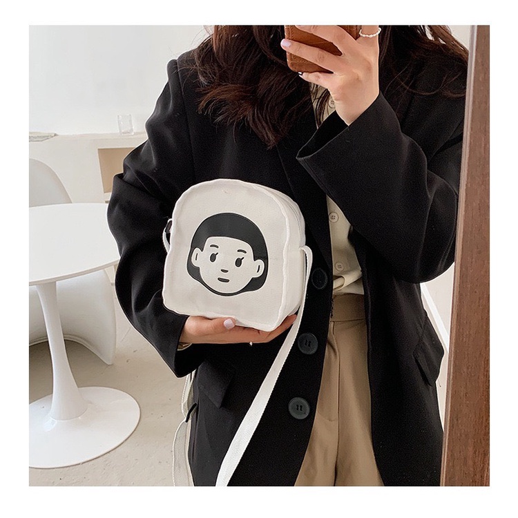 Túi vải tote canvas đeo chéo hình mặt người ngộ nghĩnh đáng yêu phong cách Harajuku Nhật Bản