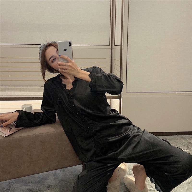 Bộ Đồ Ngủ Tay Dài Chất Lụa Mỏng Phối Ren Phong Cách Hàn Quốc Thời Trang Mùa Hè Xinh Xắn Cho Nữ