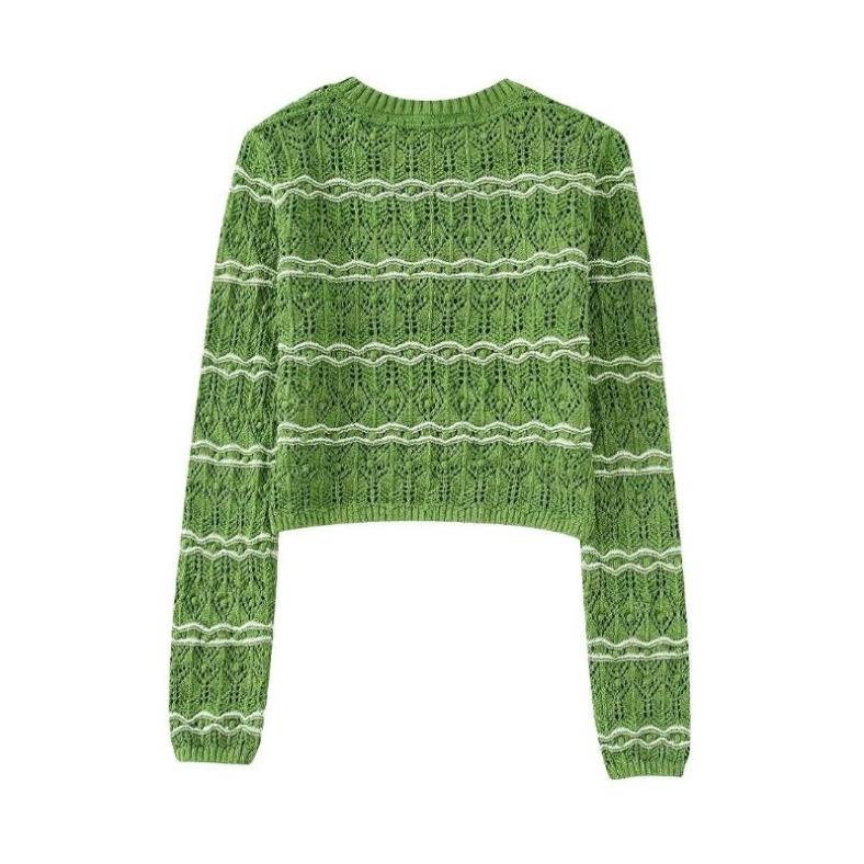 Made in Morocco - Áo Zara len croptop tay dài màu xanh lá sọc trắng YO50