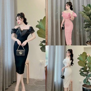 Đầm body phối voan kính bèo trễ vai dự tiệc siêu xinh (kèm ảnh thật)