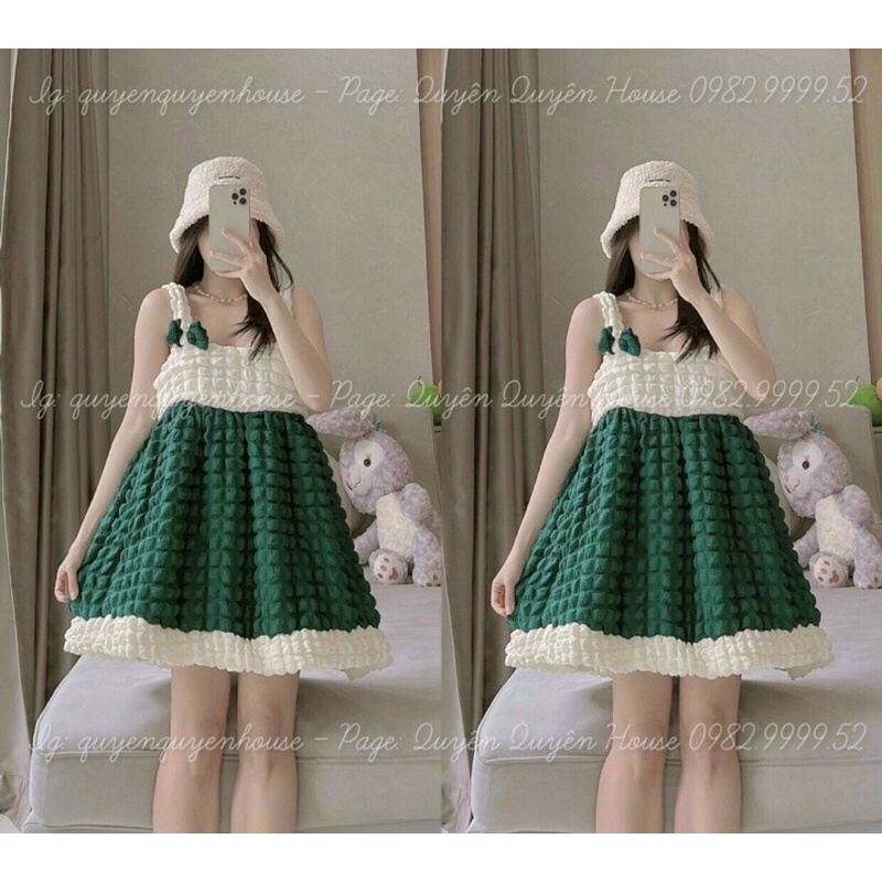 ĐẦM HAI DÂY XỐP DÁNG XOÈ ĐÍNH NƠ DỄ THƯƠNG