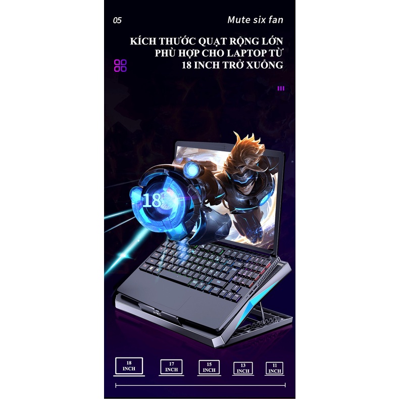 Quạt tản nhiệt laptop MC Q3 trang bị 6 quạt với tốc độ gió cực mạnh không tạo ra tiếng ồn khi sử dụng - NK