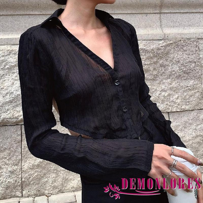 Áo Sơ Mi Crop Top Tay Dài Dáng Ôm Hở Lưng Cài Nút Màu Trơn Thời Trang Cho Bạn Gái