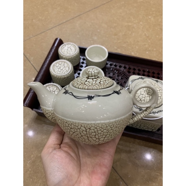 Bộ ấm chén men rạn kèm khay gốm sứ Bát Tràng , nhận in logo trên ấm chén