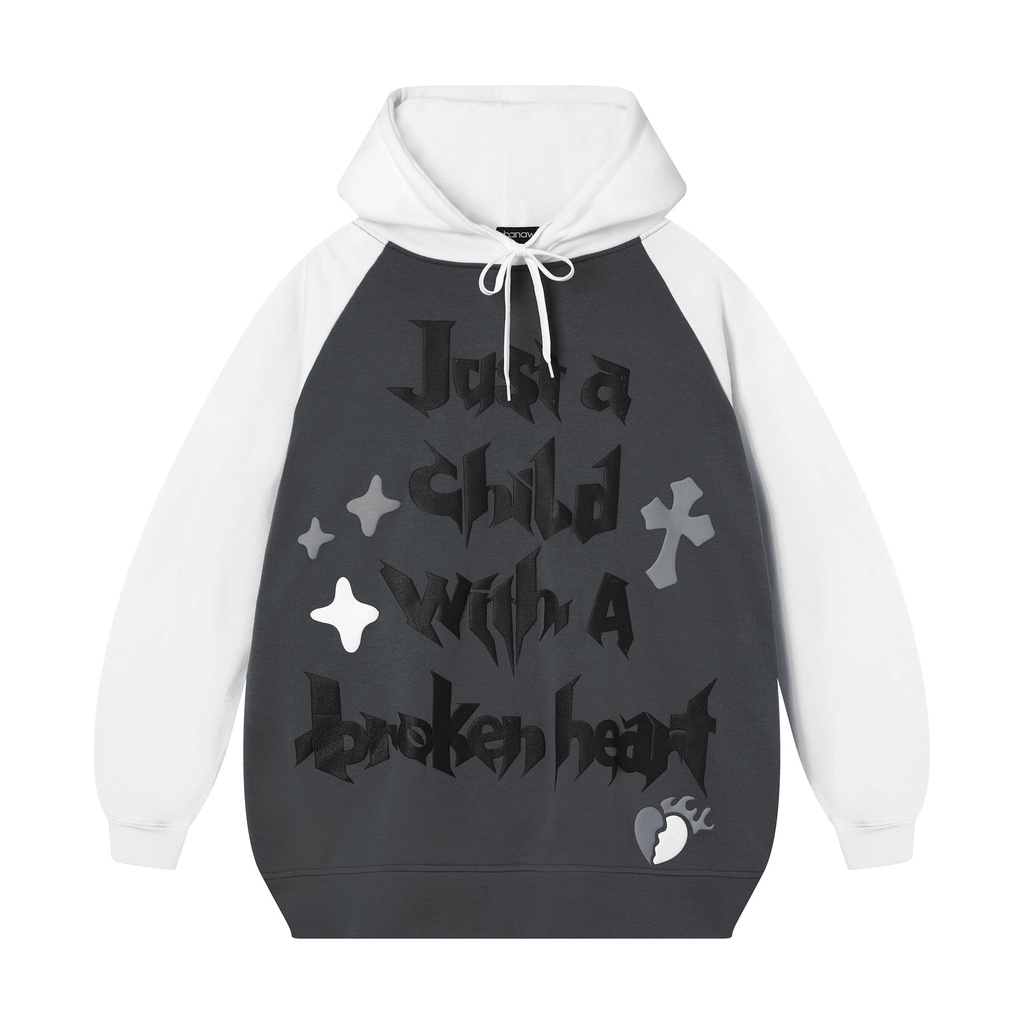 Áo Hoodie raglan Banawa form rộng nam nữ unisex có nón trùm đầu - Broken Child Hoodie - Màu Xám