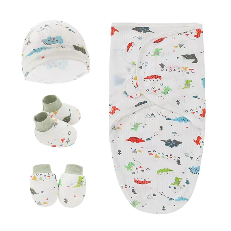 Set 4 Món Gồm Khăn Quấn + Mũ + Găng Tay + Vớ Cotton Cho Bé Sơ Sinh 0-6 Tháng