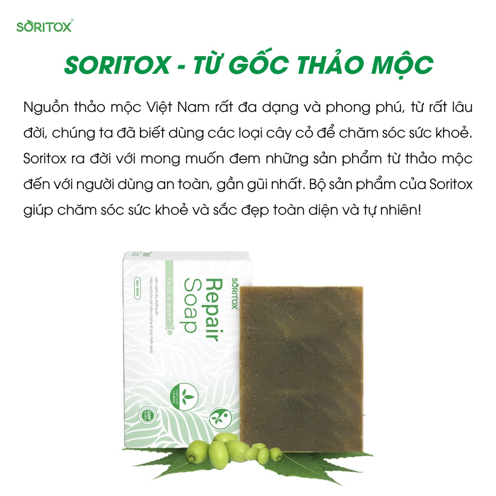 🍀🍀 Soritox Soap 130GR - Xà bông thảo mộc chăm sóc da, mờ thâm, sạch mụn, sáng da với tinh chất lá
