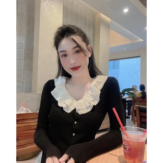 Áo thun zip đen cổ bèo trắng