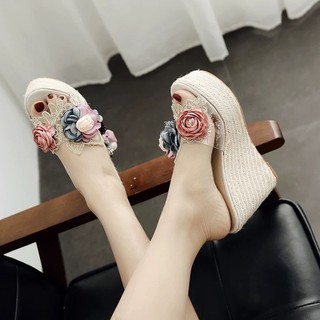 (ORDER) Dép đế xuồng quai đan đính hoa vải 12 cm, hàng cao cấp