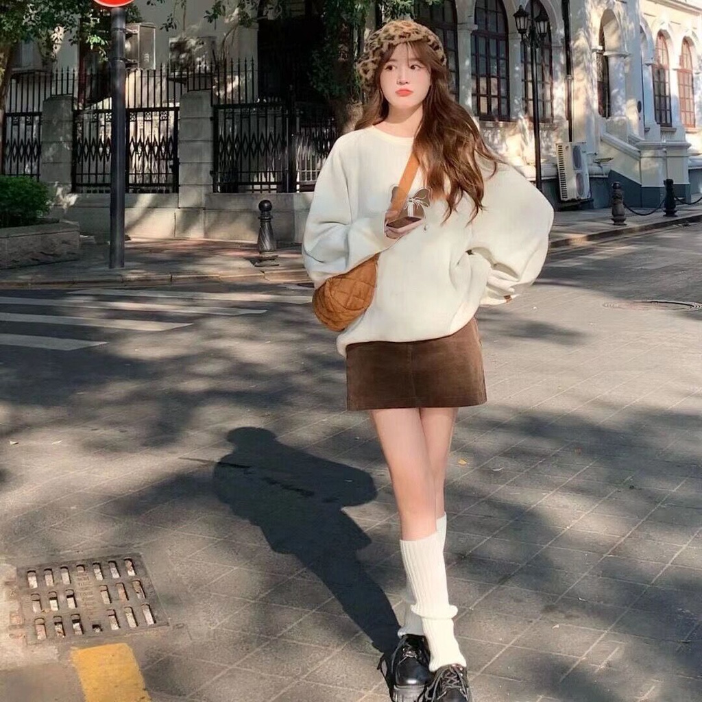 Set áo sweater phối chân váy nhung dáng chữ a thời trang thu đông Hàn Quốc cho nữ 2022