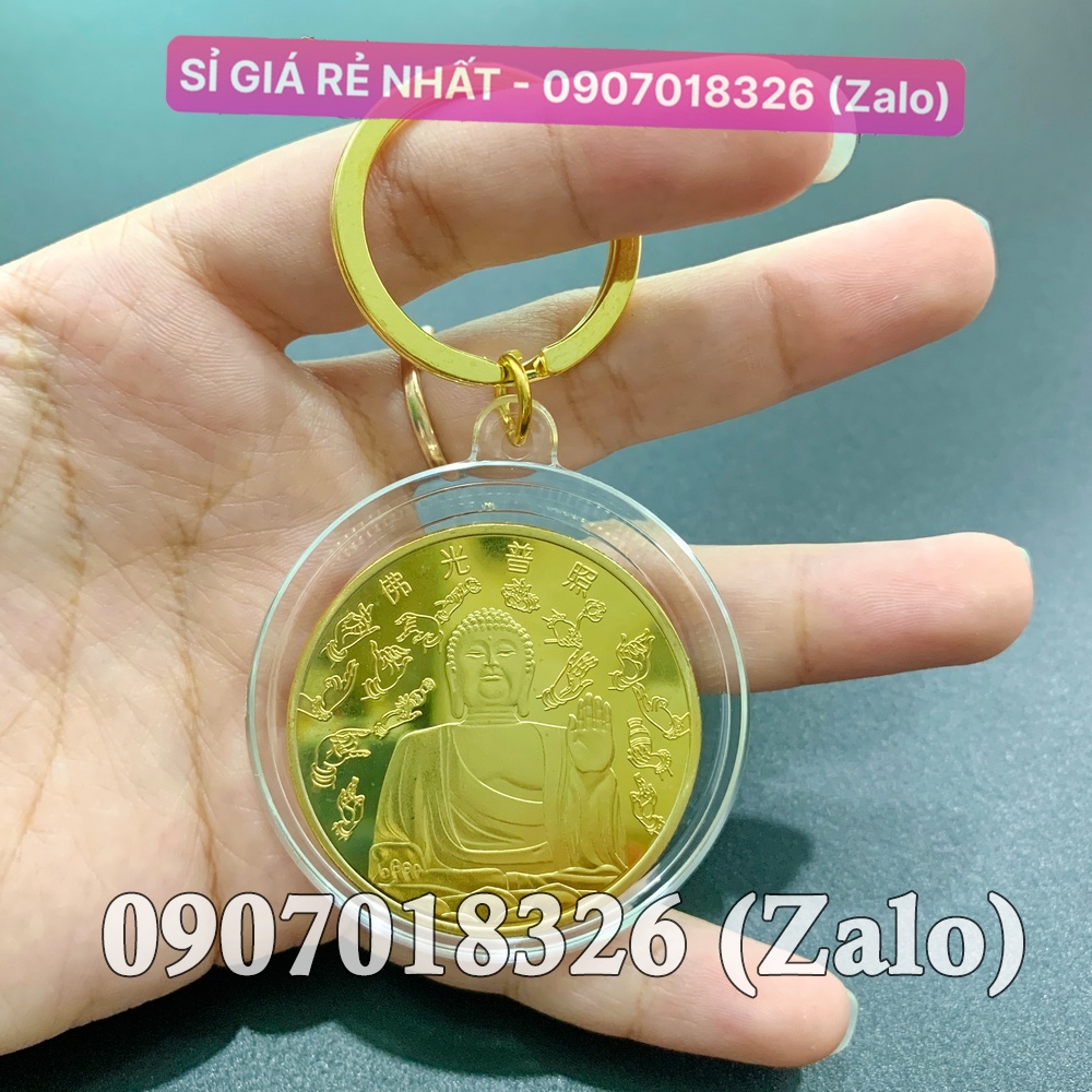 Đồng Xu Hình Phật Tổ A Di Đà - Vật phẩm phong thủy May Mắn Bình An, mẫu NGỒI, tặng túi gấm đỏ