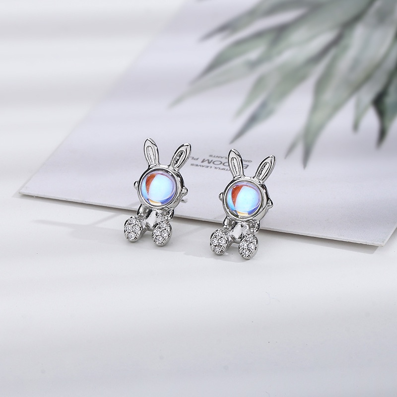 Bông tai dễ thương Hàn Quốc bông tai thỏ mặt trăng đá bông tai phụ nữ cao cấp bông tai kim bạc