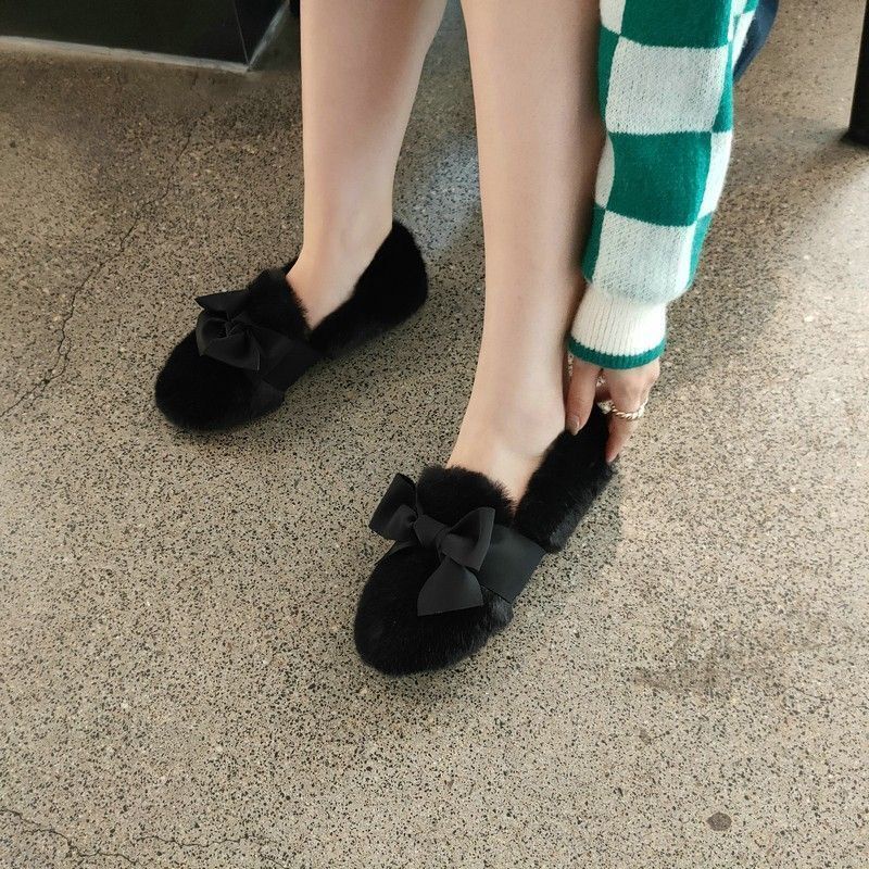 Giày Búp Bê Lông Xù Đính Nơ Dễ Thương Dành Cho Nữ