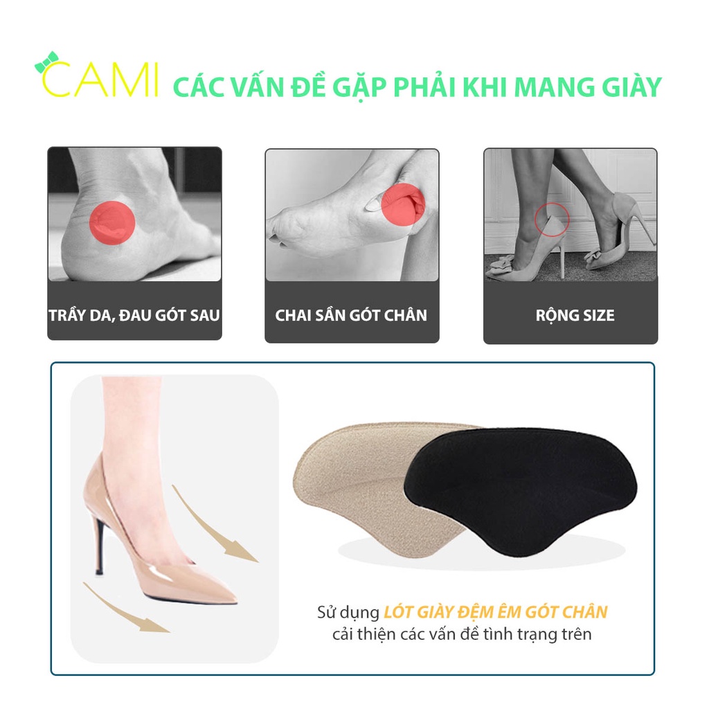 Lót giày cao cấp mặt nhung có keo dán cố định giúp giảm size, chống trầy gót chân khi mang giày - Cami - CMPK279