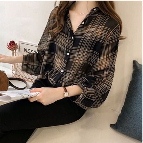 Áo Sơ Mi Nữ Tay Dài Họa Tiết Caro Thời Trang