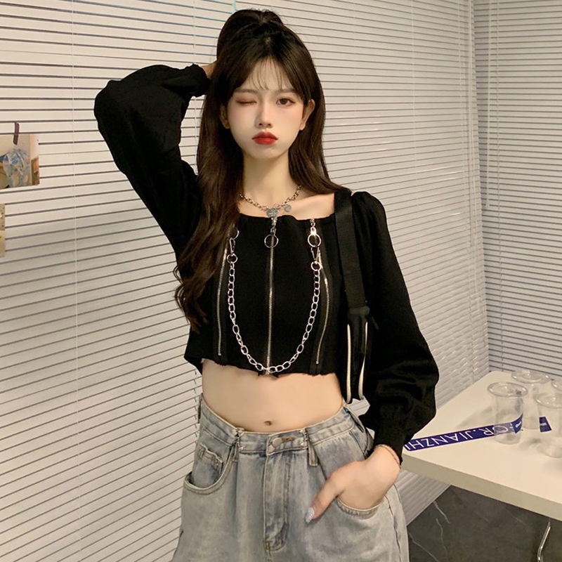 Áo Croptop Dệt Kim Tay Dài Trễ Vai Màu Đen Phối Dây Xích Phong Cách Cổ Điển Thời Trang Mùa Thu Cho Nữ