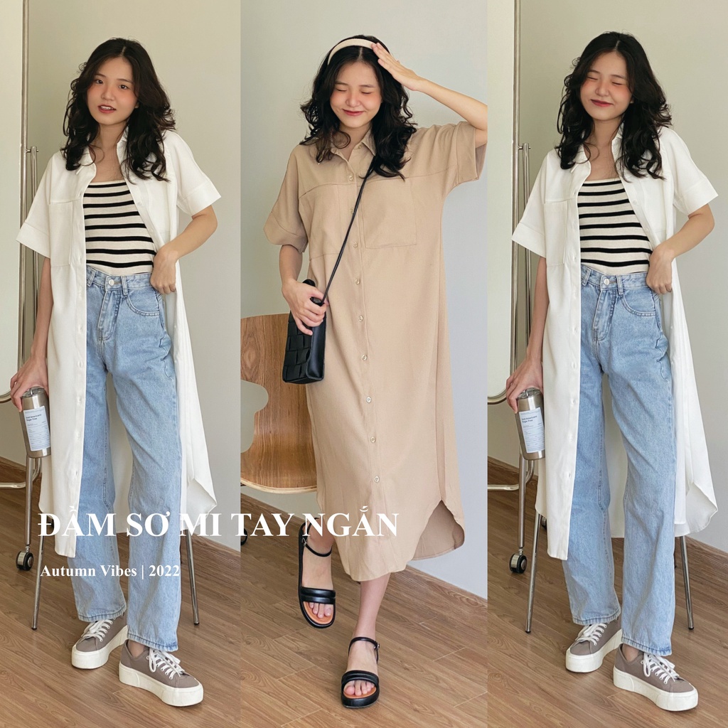 ĐẦM SƠ MI TAY NGẮN 2 TÚI_DA648