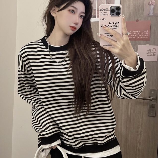 ZHELIHANGFEI Áo Thun Tay Dài Giả Hai Lớp Họa Tiết Kẻ Sọc Trẻ Trung