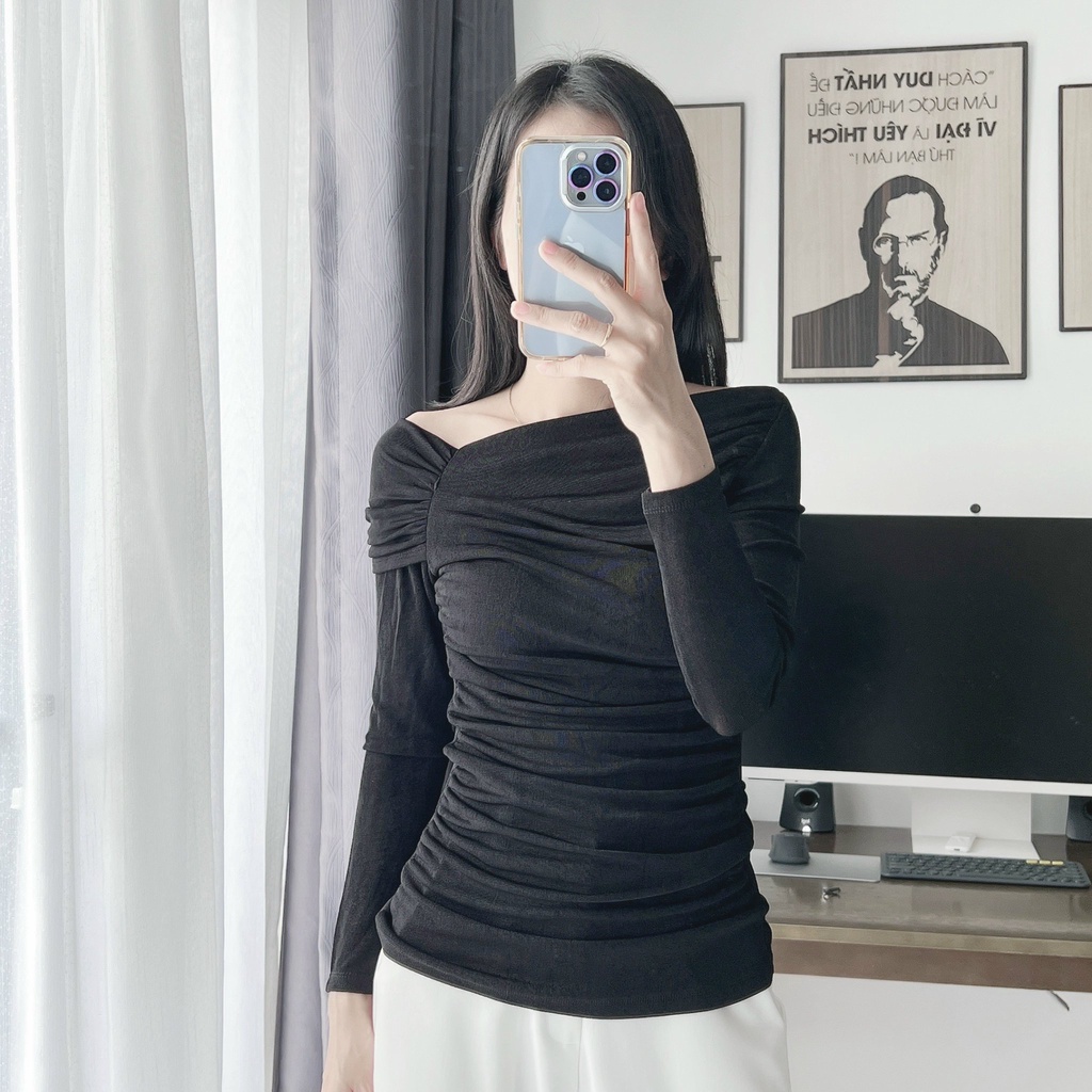 Áo thun nhún lệch vai tay dài