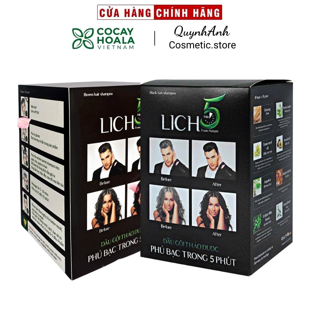 Dầu Gội Nhuôm Tóc Thảo Dược Tự Nhiên Lich5 Cỏ Cây Hoa Lá Chính Hãng Hộp 10 Gói Phủ Bạc Đầu Thành Nâu Đen Trong 5 Phút