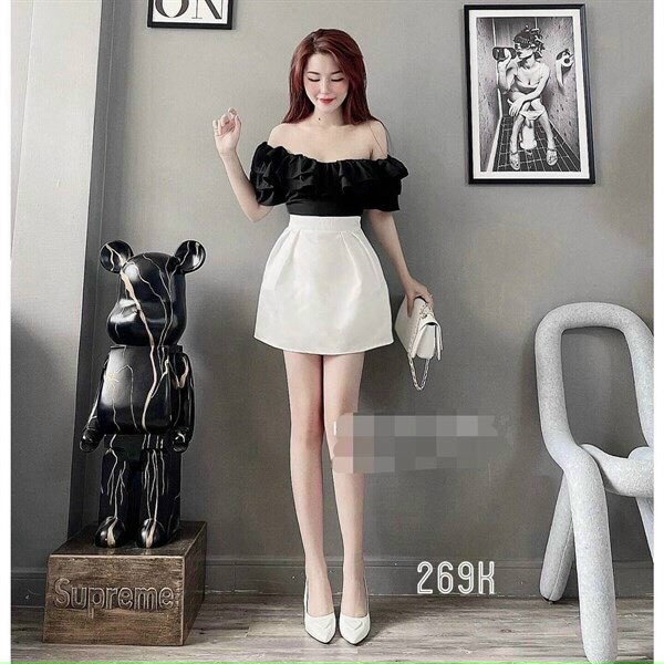 Set bộ đồ nữ áo trễ vai xếp ly tầng xinh xắn mix chân váy chữ A năng động, cute dành cho các nàng đi chơi, dạo phố