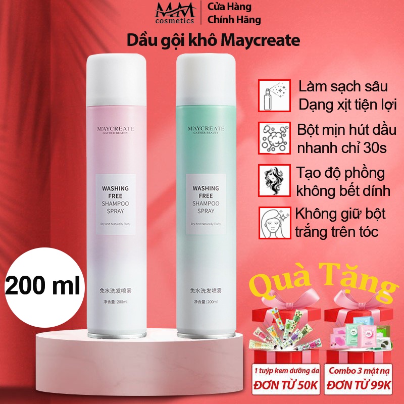 Dầu Gội Khô MAYCREATE Dạng Xịt 200ml Chống Bết Tóc, hút dầu nhanh, không giữ bột trắng trên tóc MM20